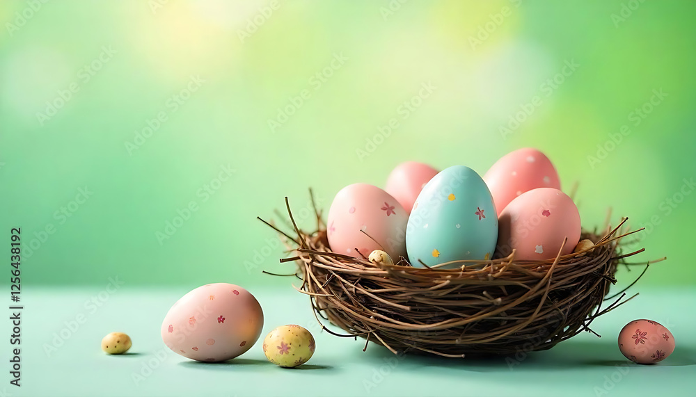 Obraz premium Beautifully Decorated Eggs in a Nest on a Pastel Green Backdrop, Easter Bird Nest with Easter Eggs, created with generative ai