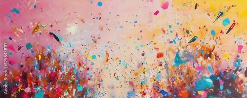 Vibrant abstract art with multicolored confetti on pink and yellow background
