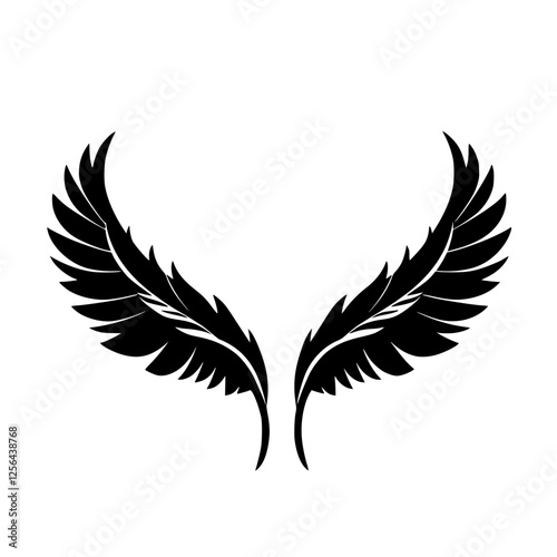 Black stylized wings emanating from the center, set against white background, creating a symmetrical and aesthetic composition, evoking peace.