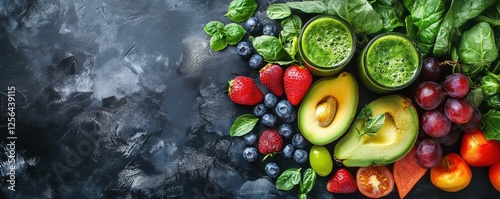 Fresh organic fruit and vegetable juice with avocado, berries, and greens