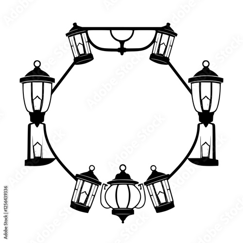 Vintage streetlamps create a circular frame illuminated by lamps, a stylish minimalist aesthetic, and a black-and-white composition.