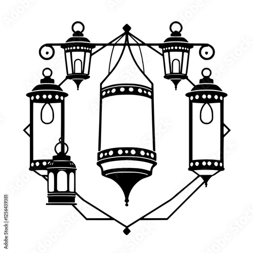 Abstract monochrome illustration featuring a chandelier arrangement with stylized lanterns and geometric patterns.