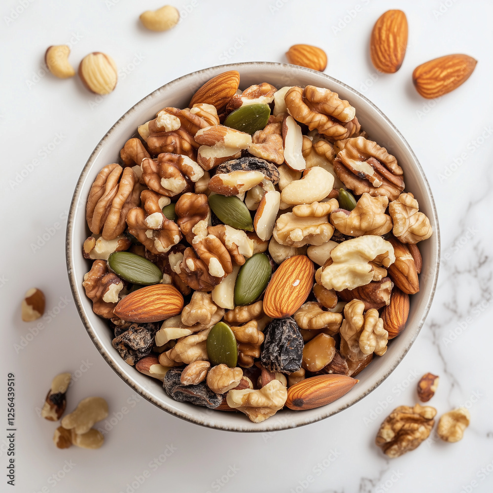 Bowl of Mixed Nuts, Walnuts, and Sunflower Seeds on White Marble Table Bowl of Mixed Nuts, Walnuts, and Sunflower Seeds on White Marble Table