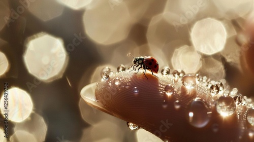   A macro shot of someone's hand cradling a minuscule bug atop a foliage, adorned with droplets