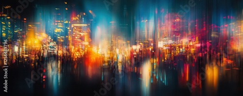 Vibrant neon city lights at night with blurred motion effect