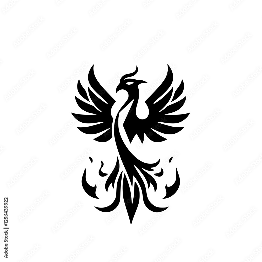 Black Phoenix Silhouette on White Background: Mythical Bird Symbol of Rebirth and Power. Simple, Elegant Logo Design. Black Phoenix Silhouette on White Background: Mythical Bird Symbol of Rebirth and Power. Simple, Elegant Logo Design.