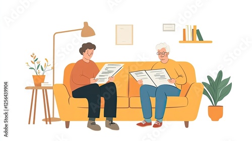 Elderly couple seated on a couch reviewing paperwork, sorting out investments, and enjoying favorable terms in insurance or agreements