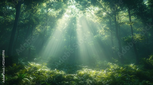 Serene forest landscape with sun rays filtering through trees and lush greenery below photo