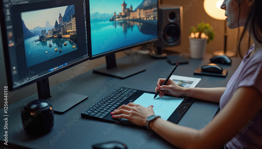 Naklejka premium Woman works with retouching software on touch screen. Artist edits pictures using graphic tablet and stylus at desk in photography studio. Photo editor works in cyberspace agency.