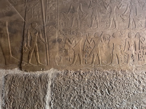 Reliefs from the tomb of Ptahhotep showing daily activities such as offerings, hunting, fishing and agricultural activities and sports in Saqqara in Egypt	