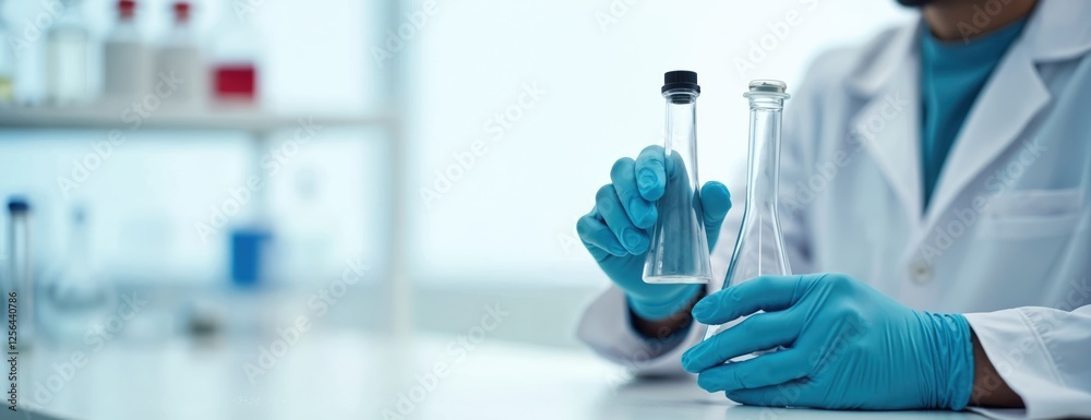 Fototapeta premium Scientist holds flasks in medical lab. Hand in blue glove analyses transparent test tube. Chemist works at hospital science research banner background. Medical worker in clinic. Biotechnology