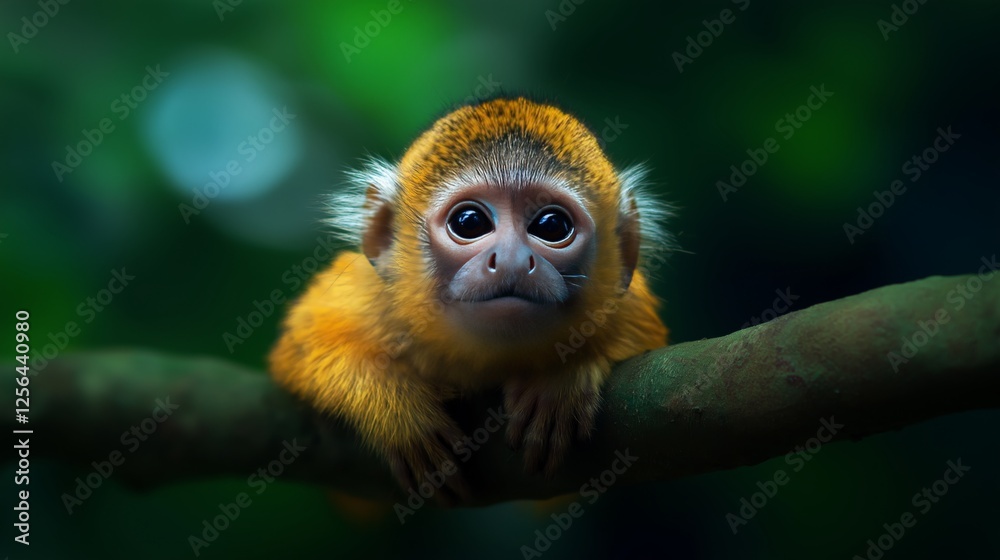 Fototapeta premium Small monkey perched on a branch in a lush green forest environment