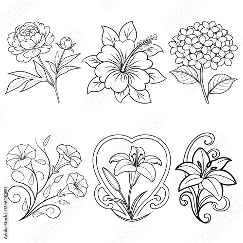 Cute flower coloring page style illustration. Line art drawing black and white