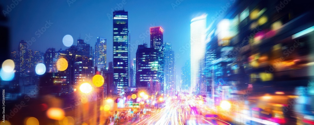 Fototapeta premium Colorful city night skyline with blurred lights and skyscrapers