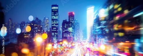 Colorful city night skyline with blurred lights and skyscrapers