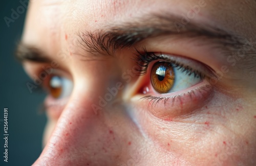 Close-up of male eye with redness, bloodshot vessels. Concept of keratitis inflammation, conjunctivitis, allergy, viral infection, ophthalmology. Photo shows irritation, pain, also may myopia