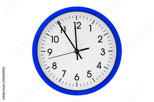 Blue watch, wall clock 11 hours 45 minutes on isolated or white background close up