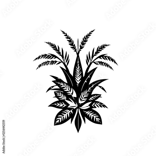 Silhouetted Botanical: A stylized representation of a plant arrangement with multiple layers of overlapping leaves, presenting a balanced black and white contrast on a white background.