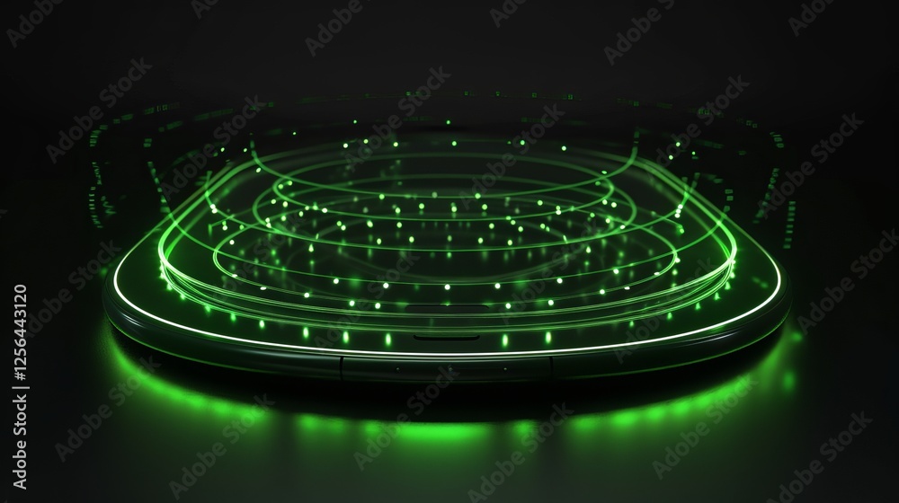 A close-up view of a glowing green digital interface with circular elements, highlighting modern technology, innovation, and connectivity. AI generated.