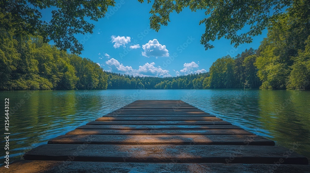 Obraz premium Tranquil wooden dock extending into a serene lake surrounded by lush green trees and blue sky