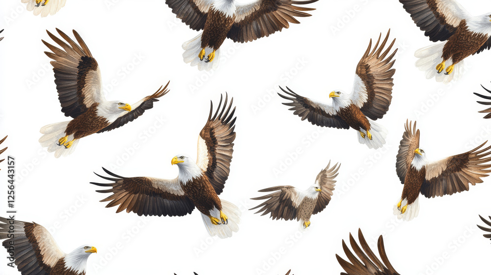 Fototapeta premium Vector seamless background of eagles. The eagles are randomly located on a white background.