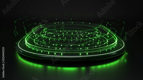 Obraz na płótnie A close-up view of a glowing green digital interface with circular elements, highlighting modern technology, innovation, and connectivity. AI generated. w salonie