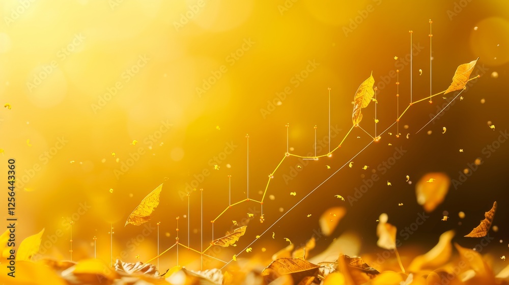 Abstract visualization featuring autumn leaves floating amidst glowing golden light, with a rising data chart graph overlay, symbolizing growth and innovation. AI generated.