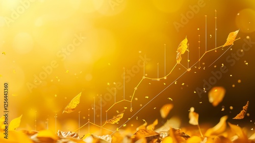 Obraz na płótnie Abstract visualization featuring autumn leaves floating amidst glowing golden light, with a rising data chart graph overlay, symbolizing growth and innovation. AI generated. w salonie