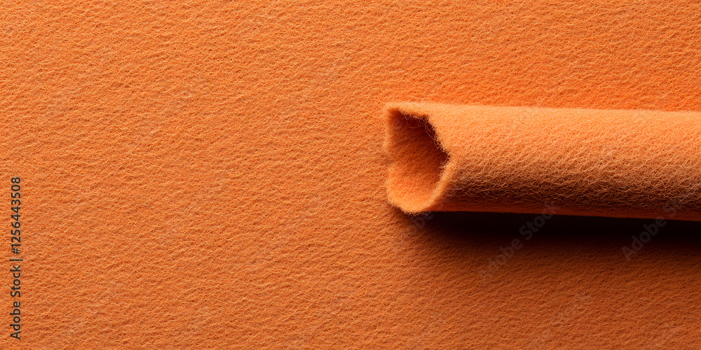 Obraz premium Close-up of orange felt fabric, showcasing its soft texture and vibrant color. Partially rolled up, it evokes creativity and warmth. Ideal for crafts and design projects.