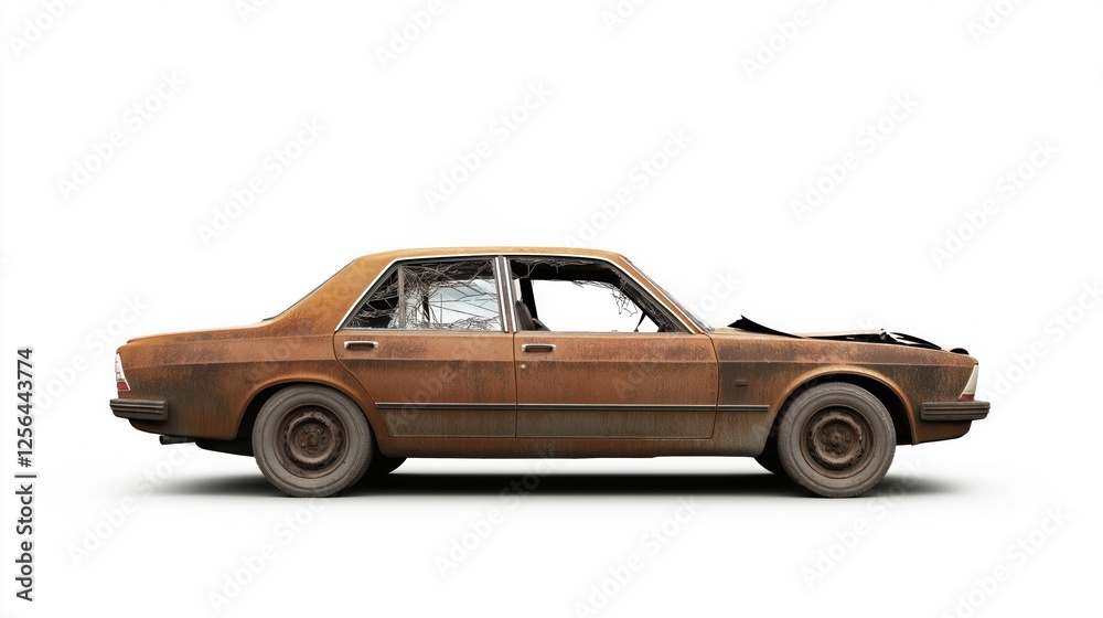 Fototapeta premium Isolated rusty abandoned car with broken windows and damaged hood represents decay, neglect, and the passage of time, creating a stark visual against a clean white backdrop
