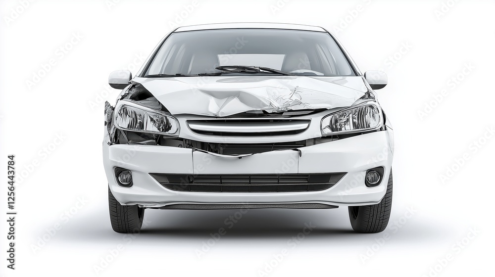 Car with severe front end collision damage, white background highlighting automotive insurance and road safety implications Car with severe front end collision damage, white background highlighting automotive insurance and road safety implications