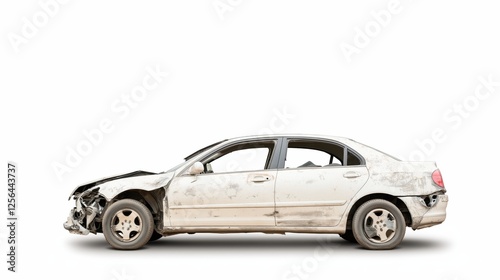 Damaged white sedan displaying significant collision impact across front, sides, and rear, signaling severe vehicular accident consequences