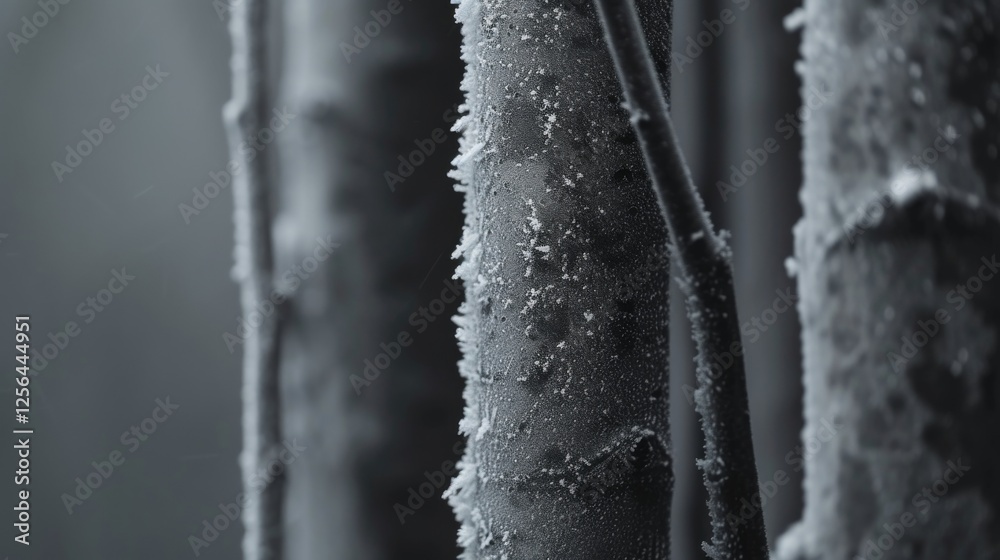 Detailed macro shot of frosted tree bark with intricate ice-like textures, offering a close look at natural patterns in a modern grayscale palette. AI generated.