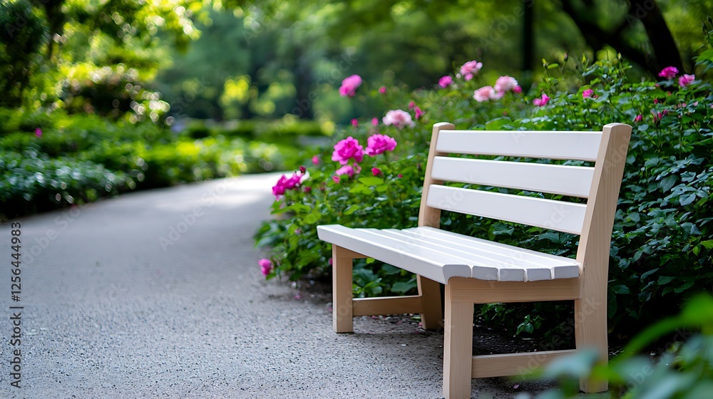 White Wooden Bench In A Garden Path With Pink Flowers White Wooden Bench In A Garden Path With Pink Flowers
