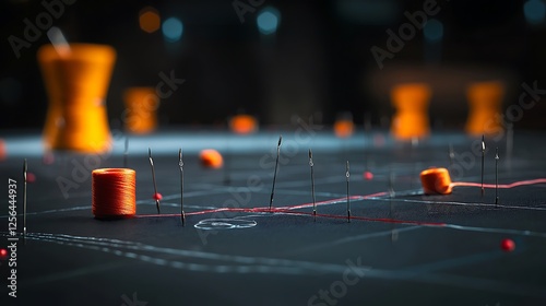 Close-up of colorful spools of thread and needles on a dark fabric surface with intricate stitching patterns photo
