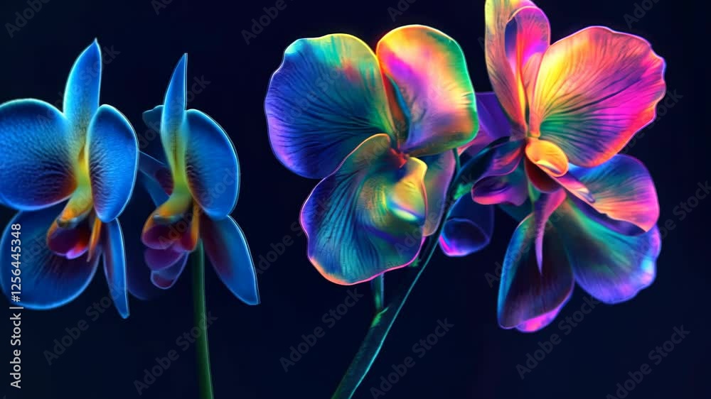 Colorful orchids illuminate a dark background with vibrant hues showcasing nature's beauty