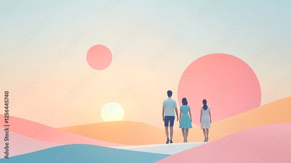 Fototapeta premium Three Silhouettes Walk Towards a Pastel Sunset Landscape