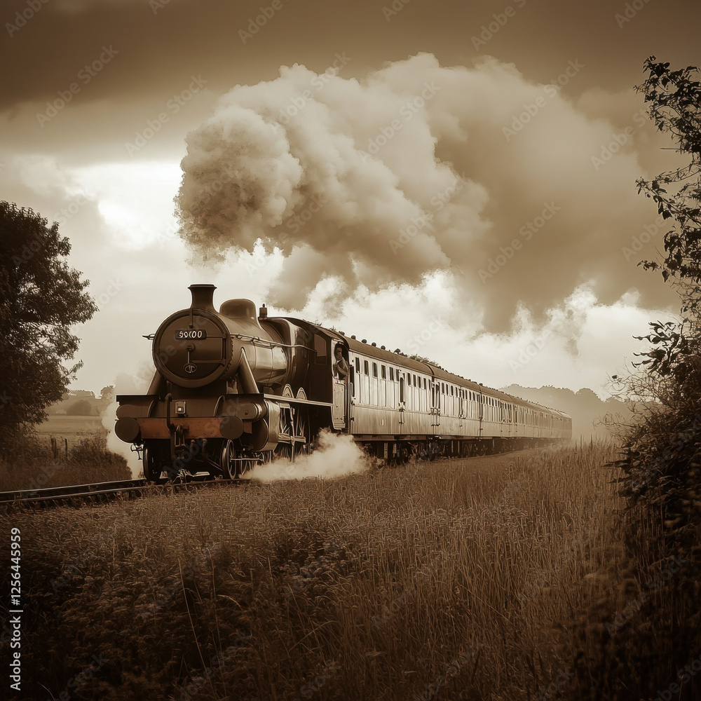 Obraz premium Vintage steam train travels through the countryside, releasing plumes of smoke into the overcast sky. The sepia tone adds a nostalgic feel to the historic transportation scene.