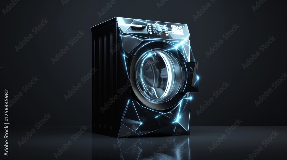A sleek black washing machine featuring glowing, futuristic blue lights, showcased against a dark background. Innovative and stylish. AI generated.