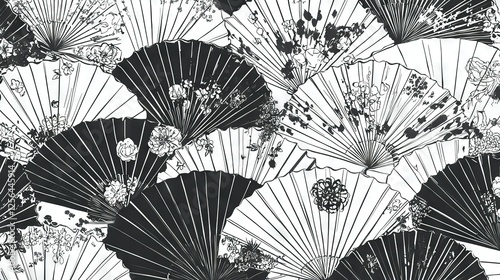   A monochrome photograph featuring an assortment of umbrellas with floral elements arranged against a pure white backdrop
