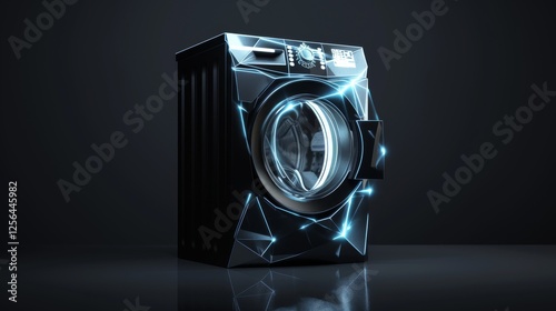 Obraz na płótnie A sleek black washing machine featuring glowing, futuristic blue lights, showcased against a dark background. Innovative and stylish. AI generated. w salonie