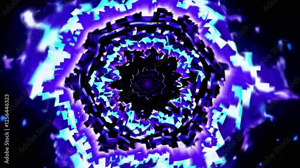 Kaleidoscopic purple and light blue energy vortex swirling dynamically, generating mesmerizing abstract motion graphics on deep black background with vivid, hypnotic visual transformation