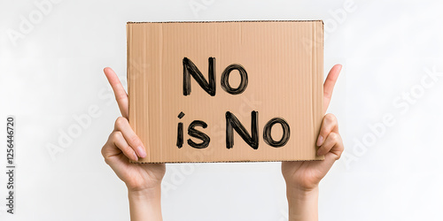 Assertion of Consent: A person holds up a cardboard sign reading 'No is No' in black marker against a plain white background, highlighting bodily autonomy.