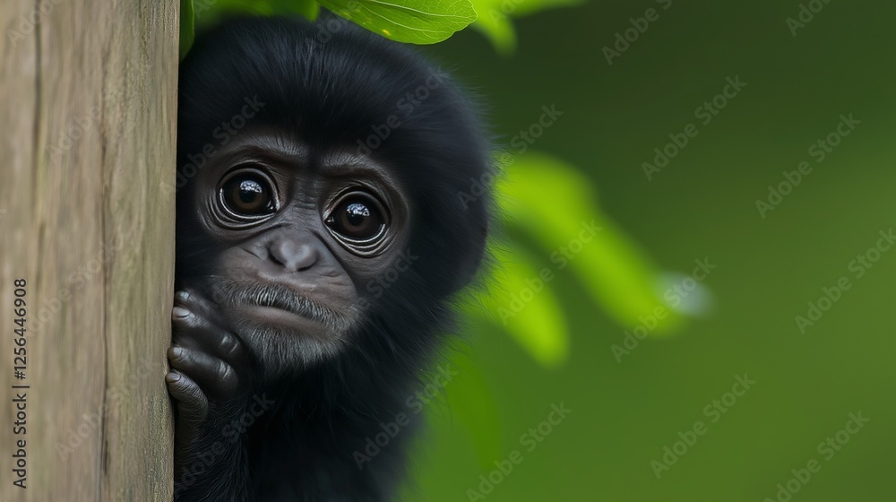 Obraz premium Curious baby monkey peeks from behind a tree in a lush forest setting