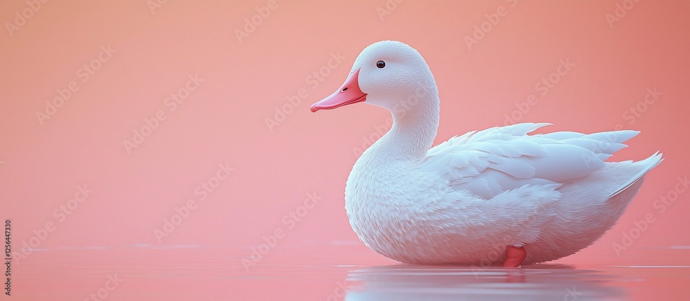 Obraz premium Serene White Duck Swimming in Calm Water Against a Soft Pink Background at Dusk