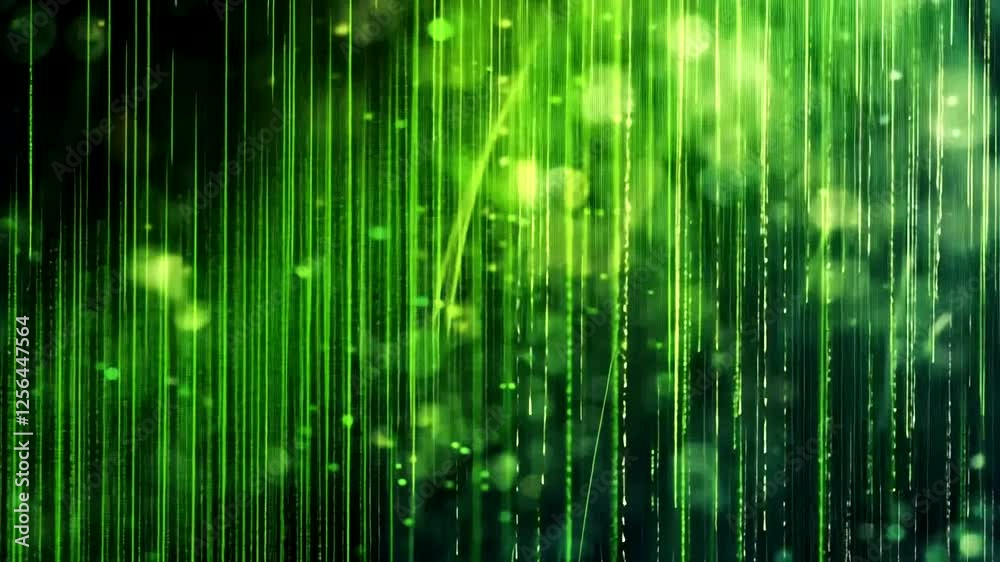 Abstract green digital background with glowing lines and particles creating depth