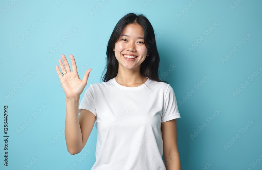 Friendly cheerful asian girl in white t-shirt welcomes someone, greeting people, smiling and waving hand in hi gesture. Standing on blue background upbeat mood. Welcome clients with beautiful smile. Friendly cheerful asian girl in white t-shirt welcomes someone, greeting people, smiling and waving hand in hi gesture. Standing on blue background upbeat mood. Welcome clients with beautiful smile.