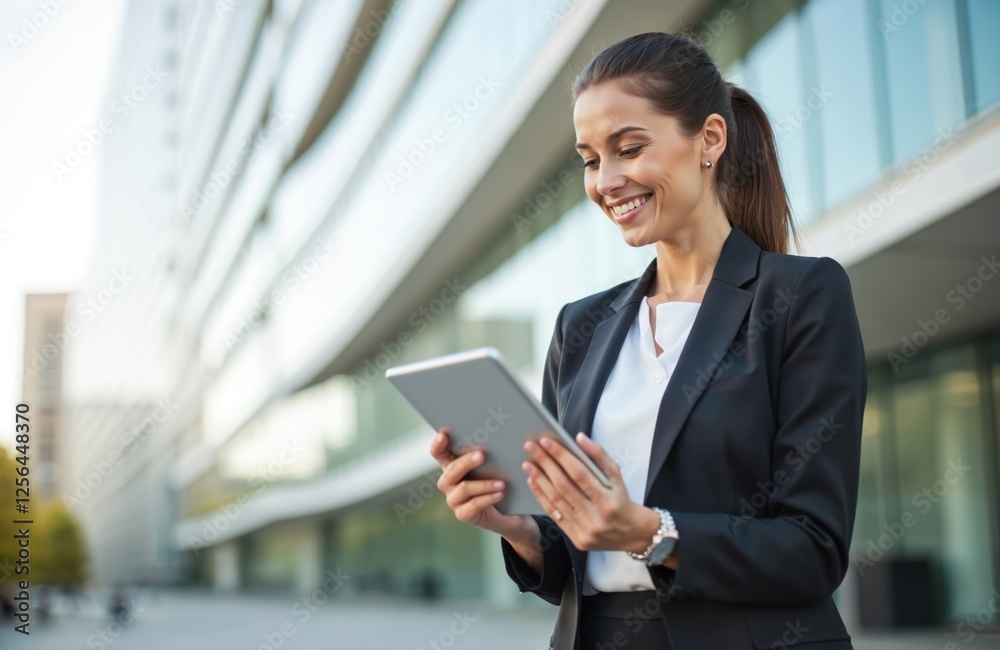 Smiling female entrepreneur in business suit reads tablet outdoor. Young successful caucasian woman uses portable computer standing outside modern office building. Happy pro with wireless device Smiling female entrepreneur in business suit reads tablet outdoor. Young successful caucasian woman uses portable computer standing outside modern office building. Happy pro with wireless device