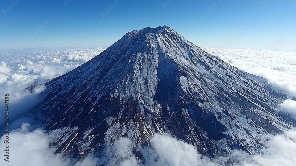 Aerial view of a majestic volcanic mountain surrounded by clouds. Aerial view of a majestic volcanic mountain surrounded by clouds.