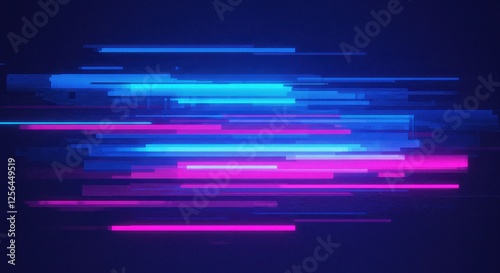 A vibrant digital glitch effect with overlapping layers of bright blue, pink and purple lines